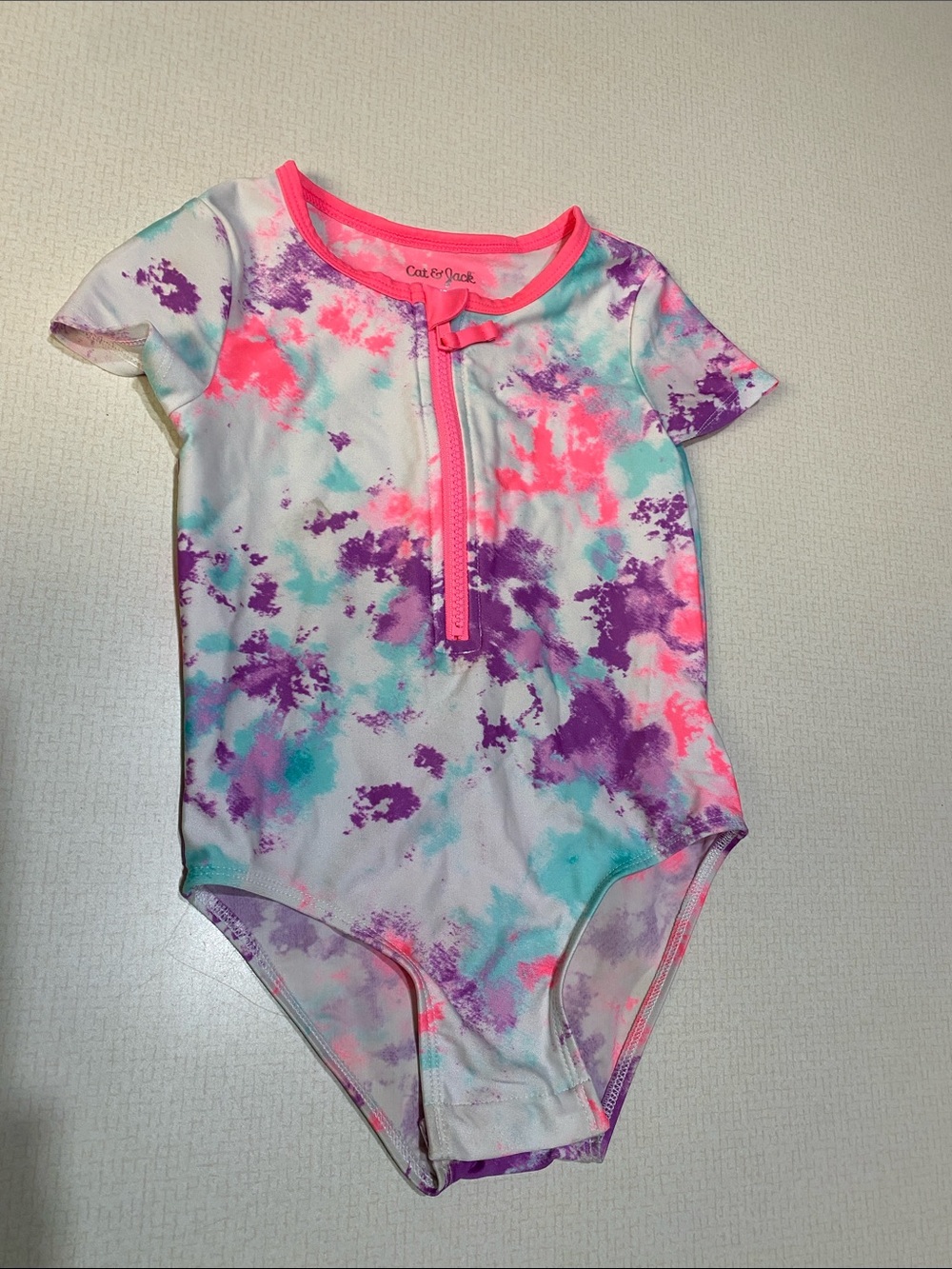 Cat & Jack Neon Pink, Purple & Teal Tie-Dye Zip Front Swimsuit
